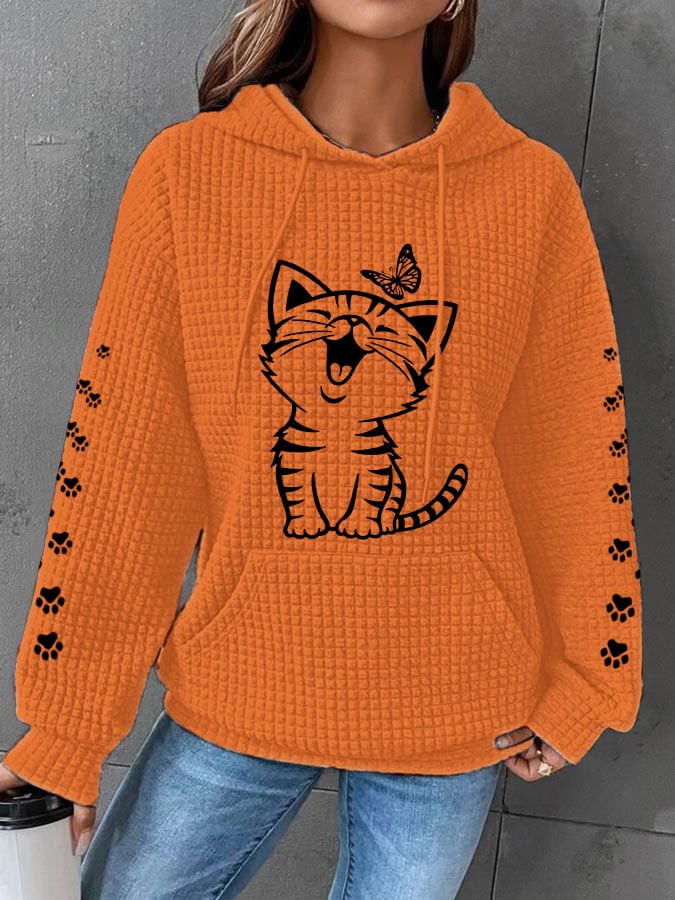 Women's Cute Cat Graphic Cat Lovers Casual Waffle Hoodie
