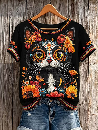 Women's Retro Vacation Floral Cat Skull Design Cotton Linen Crew Neck Short Sleeve T-shirt