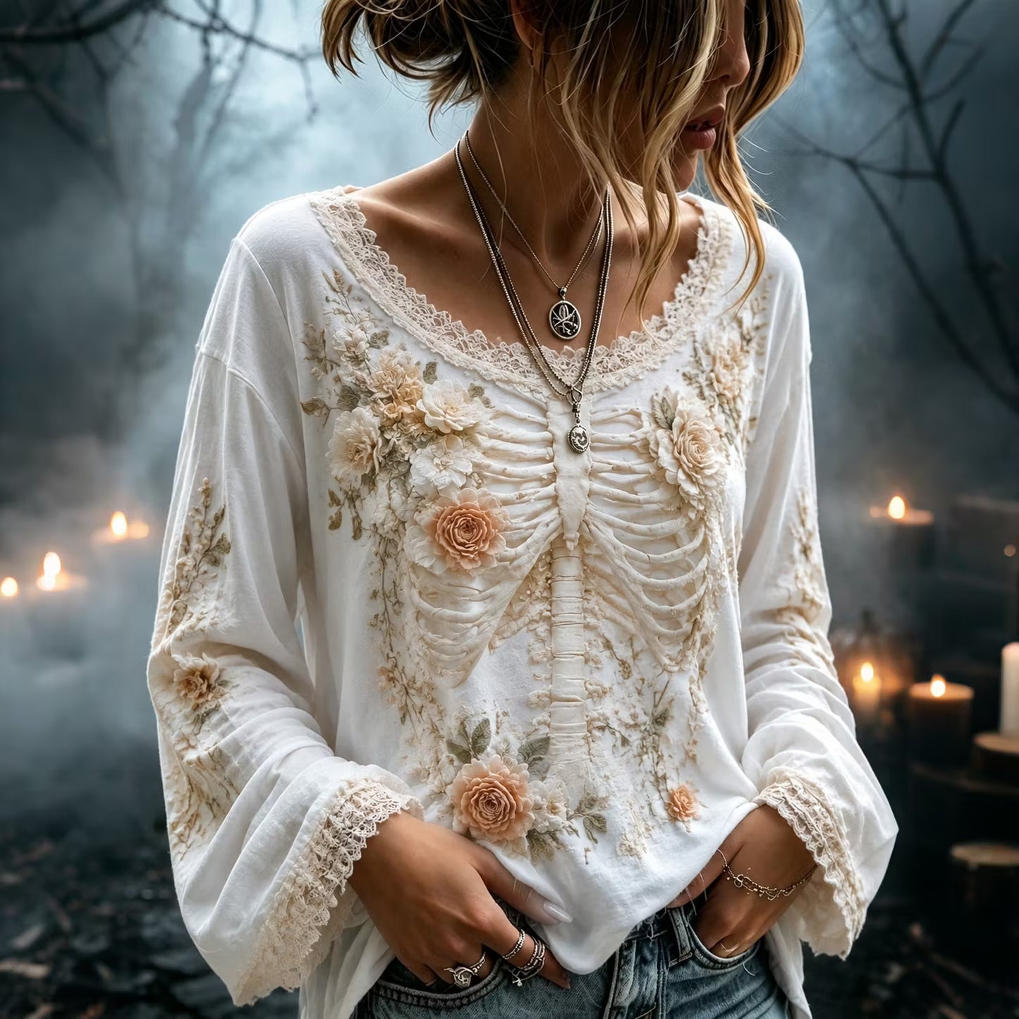 Women's Vintage Skeleton And Floral Pattern Linen Blend Art Long Sleeve T-shirt