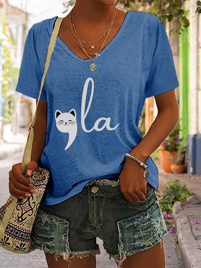 Women's La Cat Print V-Neck T-Shirt