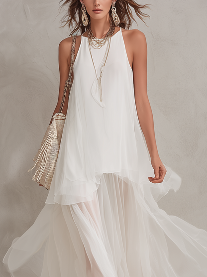 Bohemian White Chiffon Light Layered Long Dress