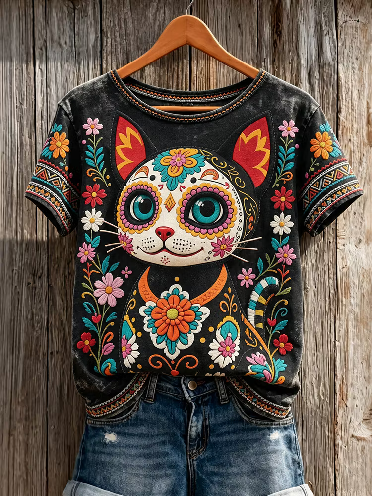 Women's Retro Floral Cat Skull Print Cotton Linen Top