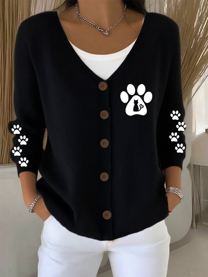 Women's Cute Cat Print Knit Cardigan