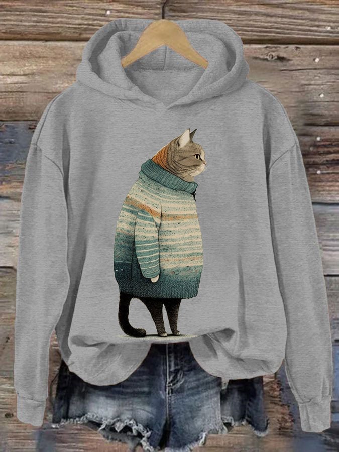 Women's Winter Cat Print Casual Hooded Sweatshirt
