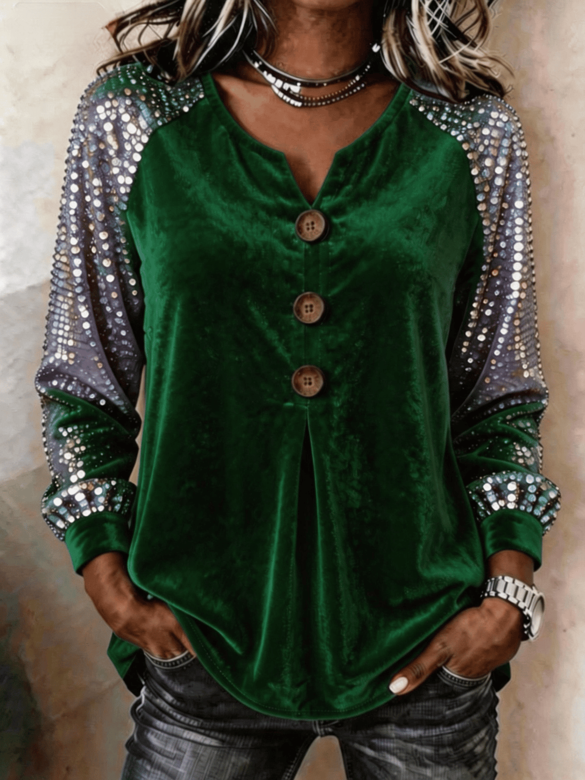 Women's Casual V-Neck Sequin Long-Sleeve Button-Front Top