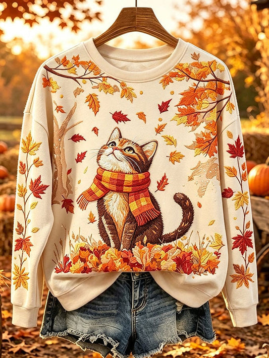 Women's Cute Cat Fall Art Print Casual Sweatshirt