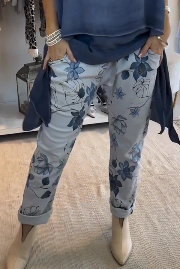Women'S Floral Print Elastic Waist Casual Pocket Pants  (With Pockets)