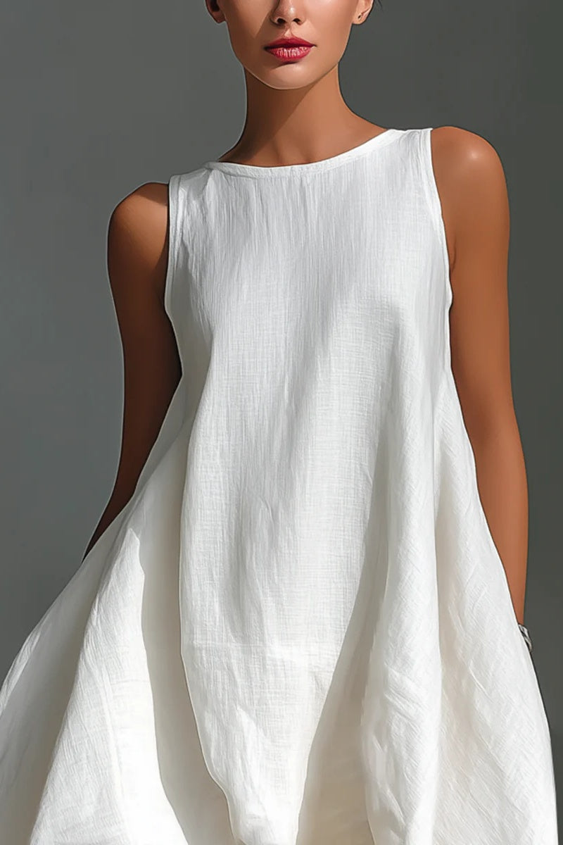 Women's White Linen Fabric Sleeveless Midi Dress With Round Neck & Asymmetric Hem