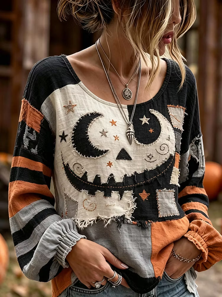 Women's Retro Halloween Jack-o'-lantern Art Embroidered Linen Blend Round Neck Long Sleeve Tops