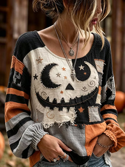 Women's Retro Halloween Jack-o'-lantern Art Embroidered Linen Blend Round Neck Long Sleeve Tops