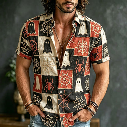 Men's Retro Hippie Style Halloween Pattern Patchwork Embroidered Print Short-sleeve Shirt
