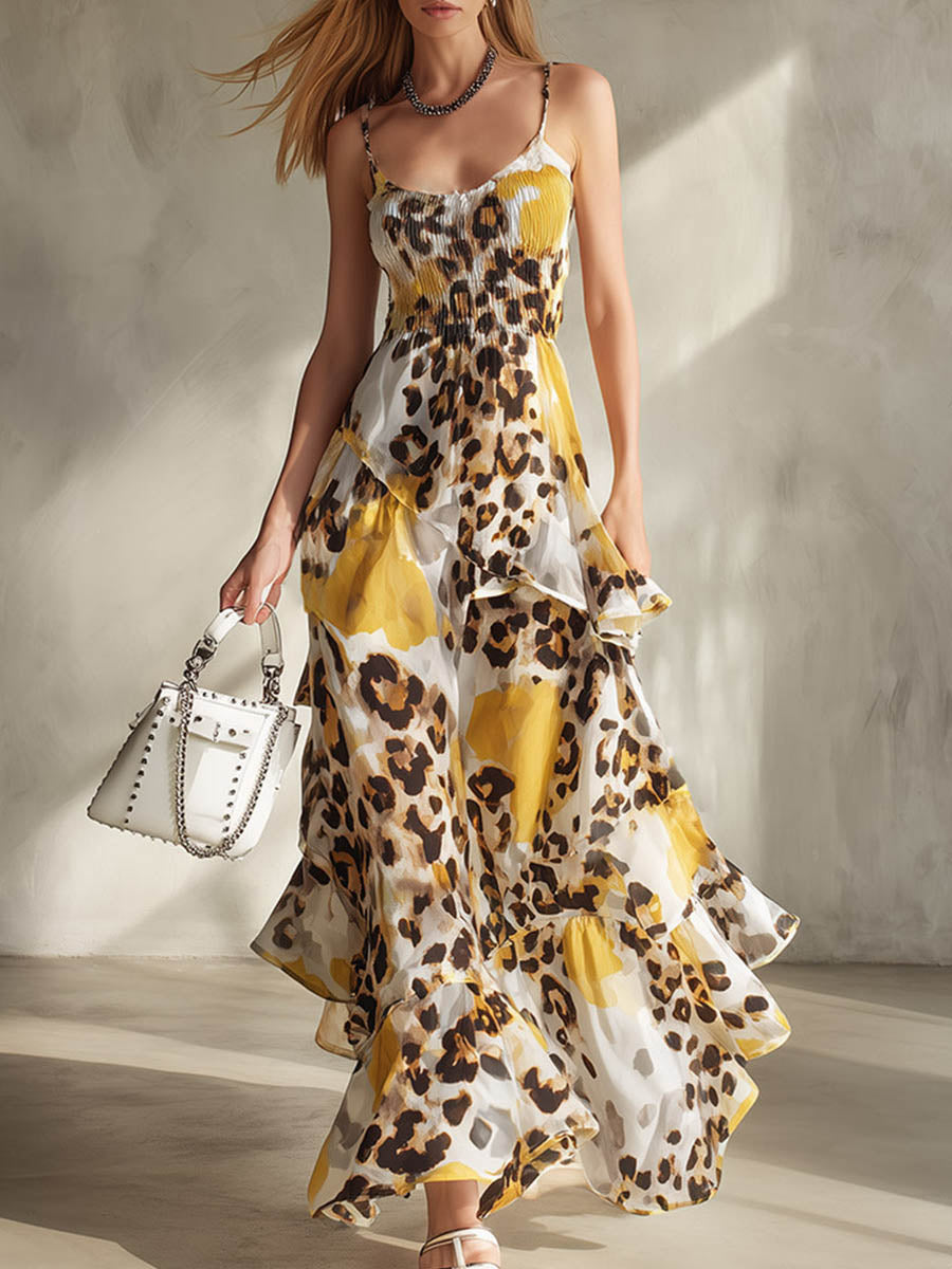 Women's Leopard Print Sleeveless Casual Loose-fit Strappy Dress