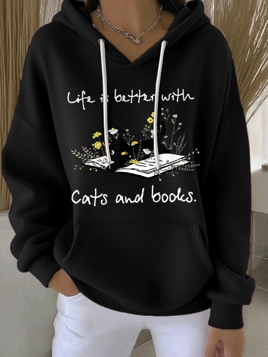 Women's Life Is Better With Cats And Books Print Casual Hooded Sweatshirt