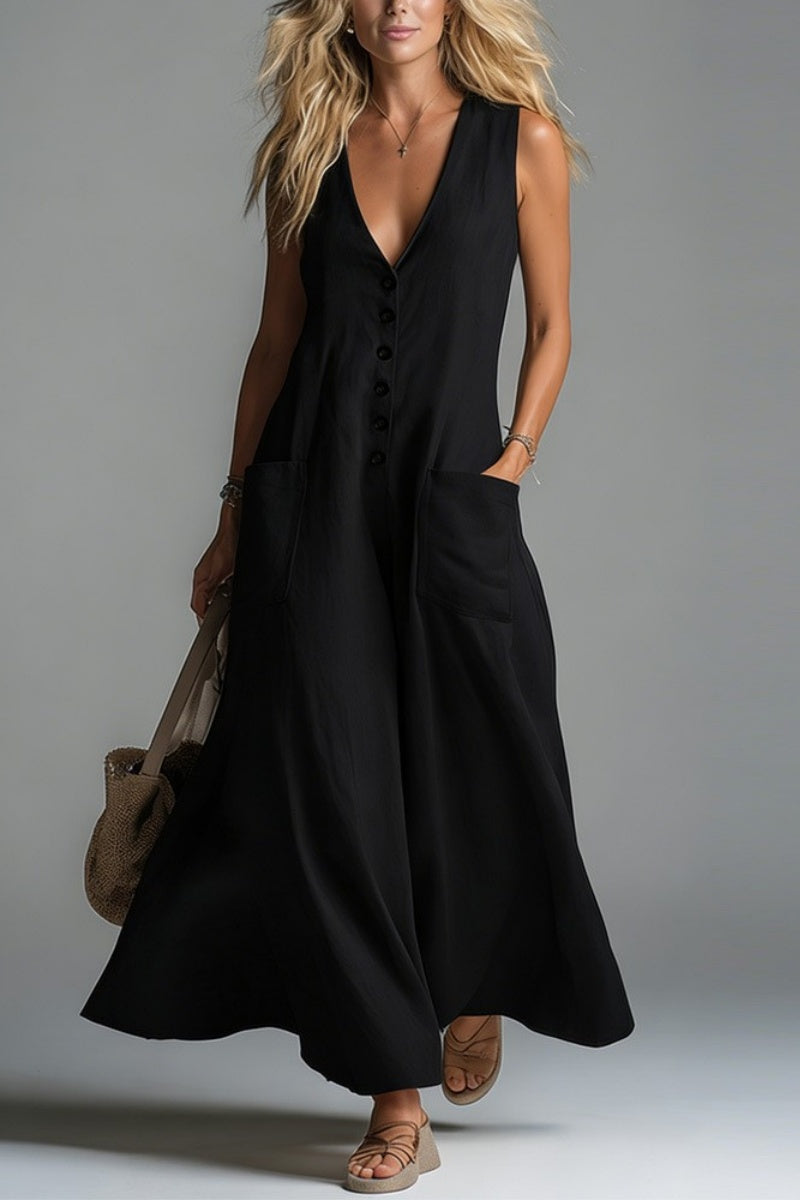Pocket V-neck Solid Color Casual Dress