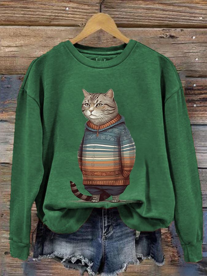 Women's Winter Cat Print Crew Neck Sweatshirt