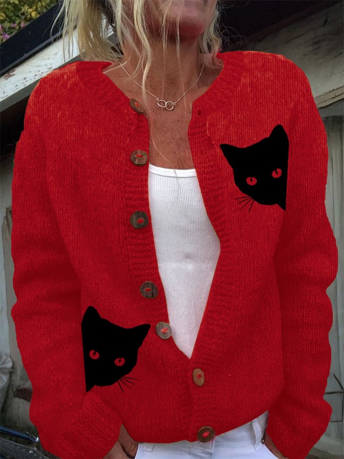 Women's Cat Print Knitted Cardigan