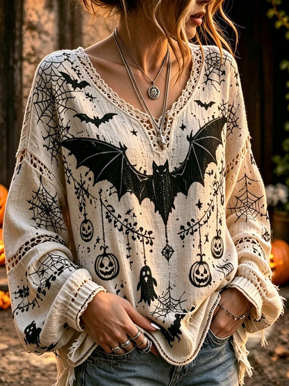 Women's Retro Halloween Style Printed Cotton Linen Top