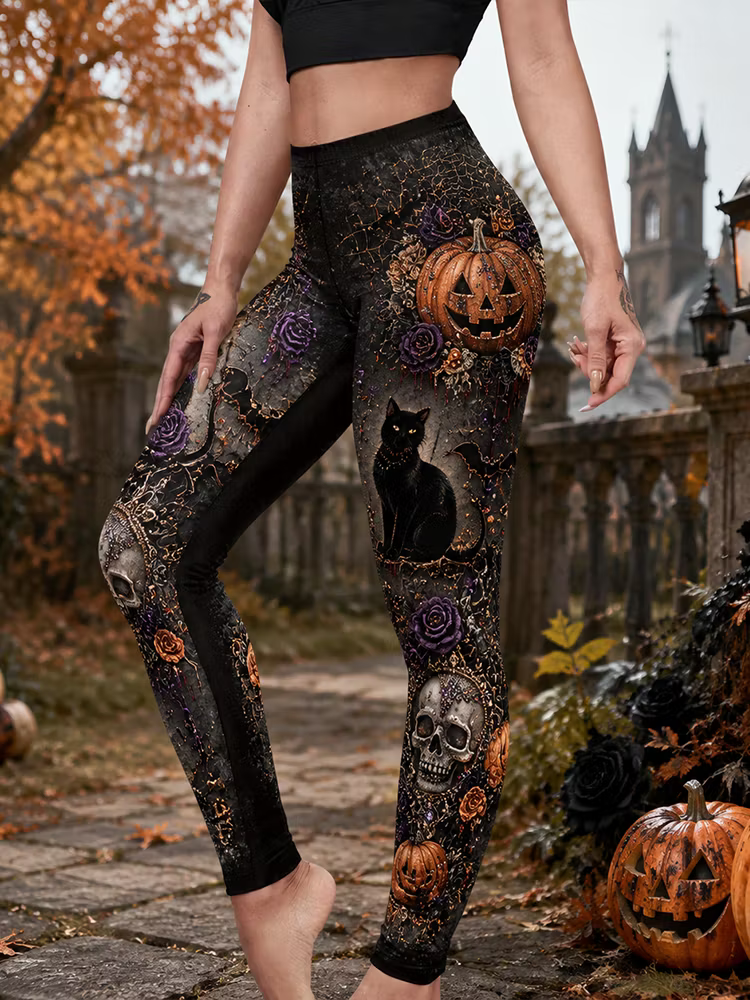 Women's Halloween Gothic Black Pumpkin, Black Cat & Skull Print Leggings