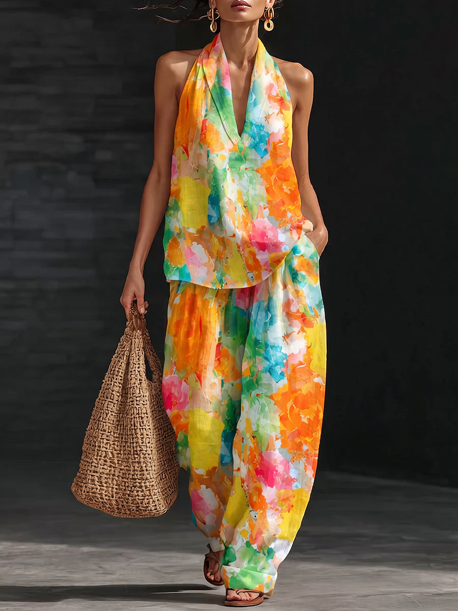 Artistic Watercolor Print Vacation Cotton-linen Two-piece Set