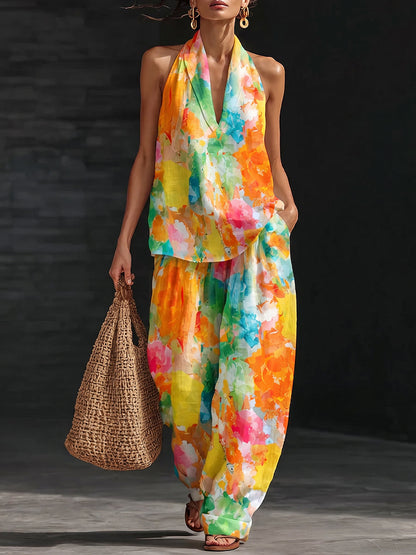 Artistic Watercolor Print Vacation Cotton-linen Two-piece Set
