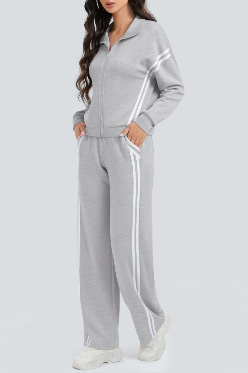 Zippered Tracksuit With Color-blocked Striped Wide-leg Pants