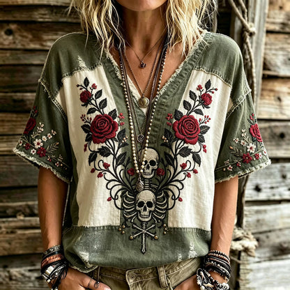 Color Block Green White Patchwork Boho Gothic Skull Rose Floral Embroidery Distressed T Shirt