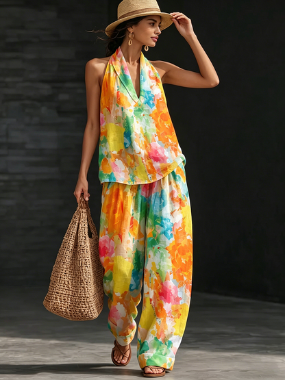 Artistic Watercolor Print Vacation Cotton-linen Two-piece Set