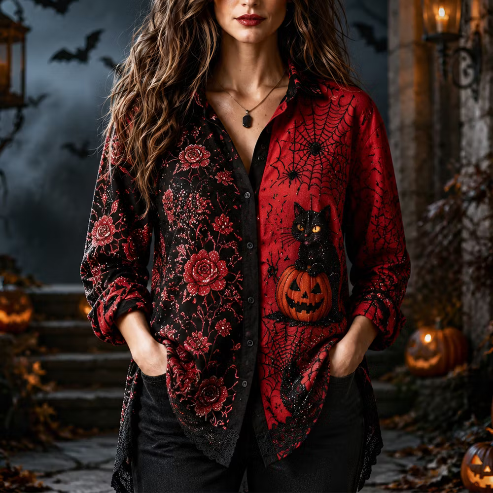 Women's Halloween Gothic Black & Red Split-color Cat, Pumpkin & Rose Button-down Shirt