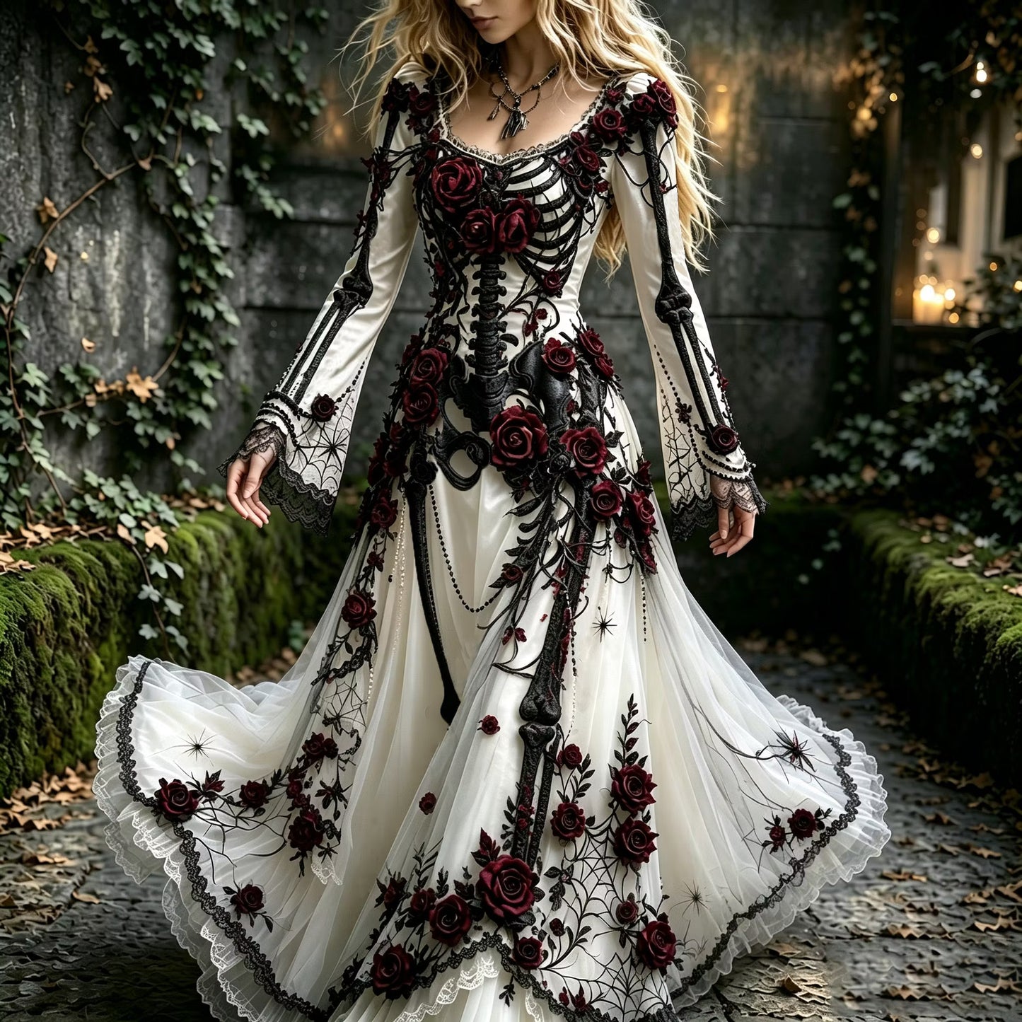 Women's Halloween Gothic Skeleton & Floral Long-sleeve Maxi Dress