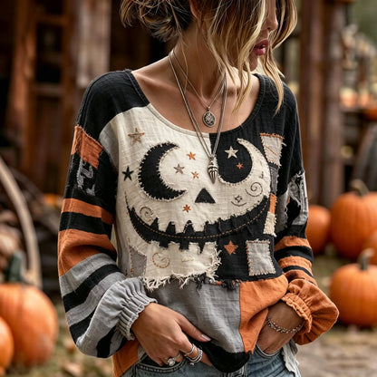 Women's Retro Halloween Jack-o'-lantern Art Embroidered Linen Blend Round Neck Long Sleeve Tops