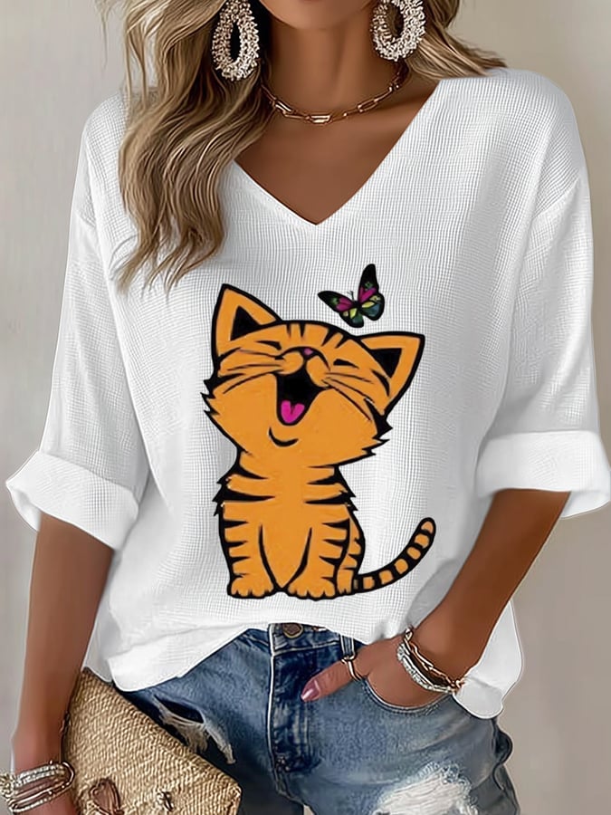 Women's Cat and Butterfly Print Casual T-Shirt