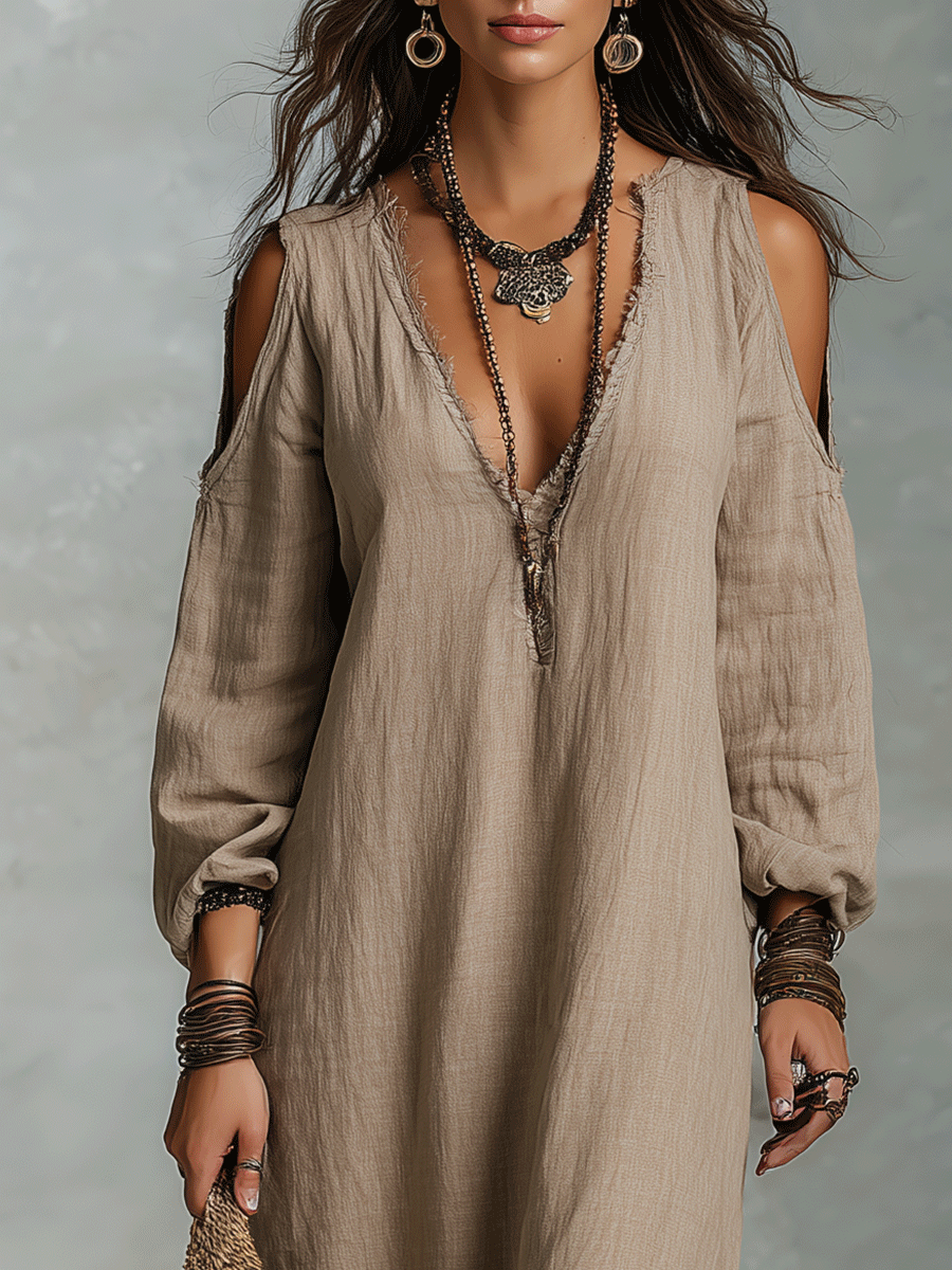 Relaxed Bohemian Cold-Shoulder Linen Midi Dress
