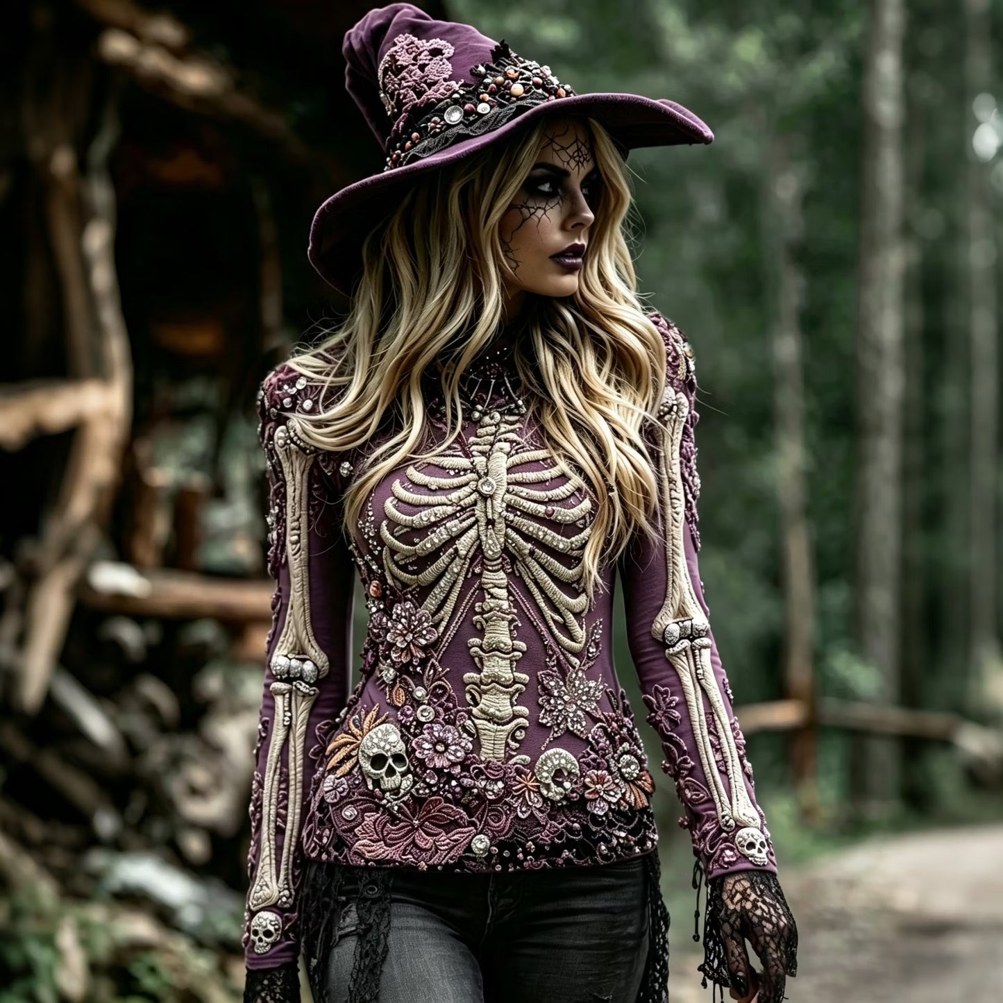 Women's Halloween Rose Floral Skull Art Print Crew Neck T-shirt
