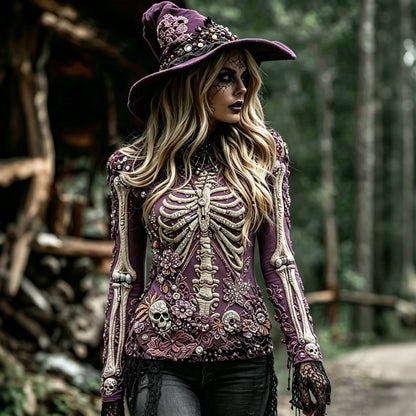 Women's Halloween Rose Floral Skull Art Print Crew Neck T-shirt