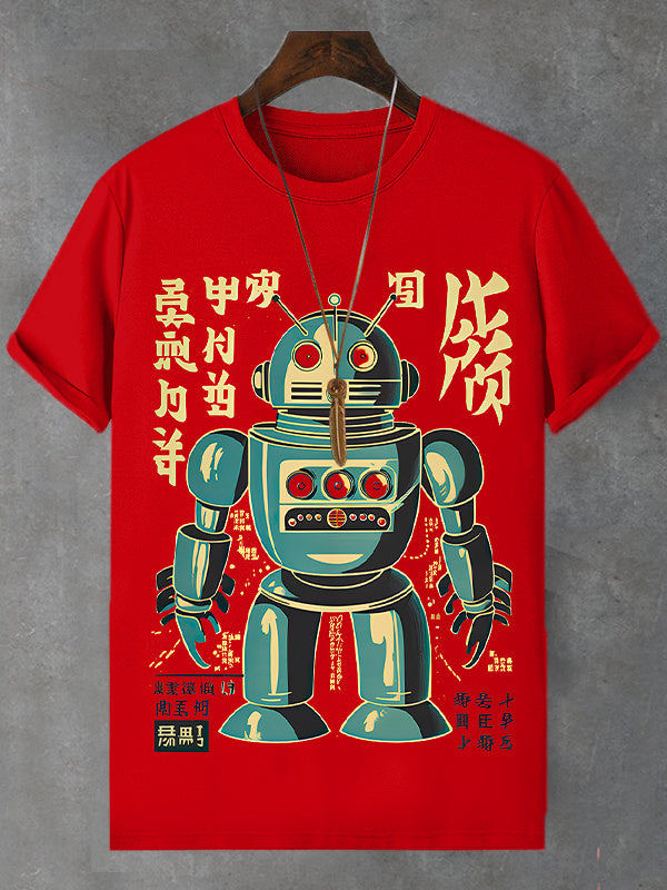 Men's Retro Robot Japanese Art Print Cotton Casual T-Shirt