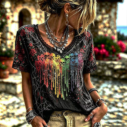 Women's Retro Halloween Style Skull, Rose, And Spiderweb Print Top