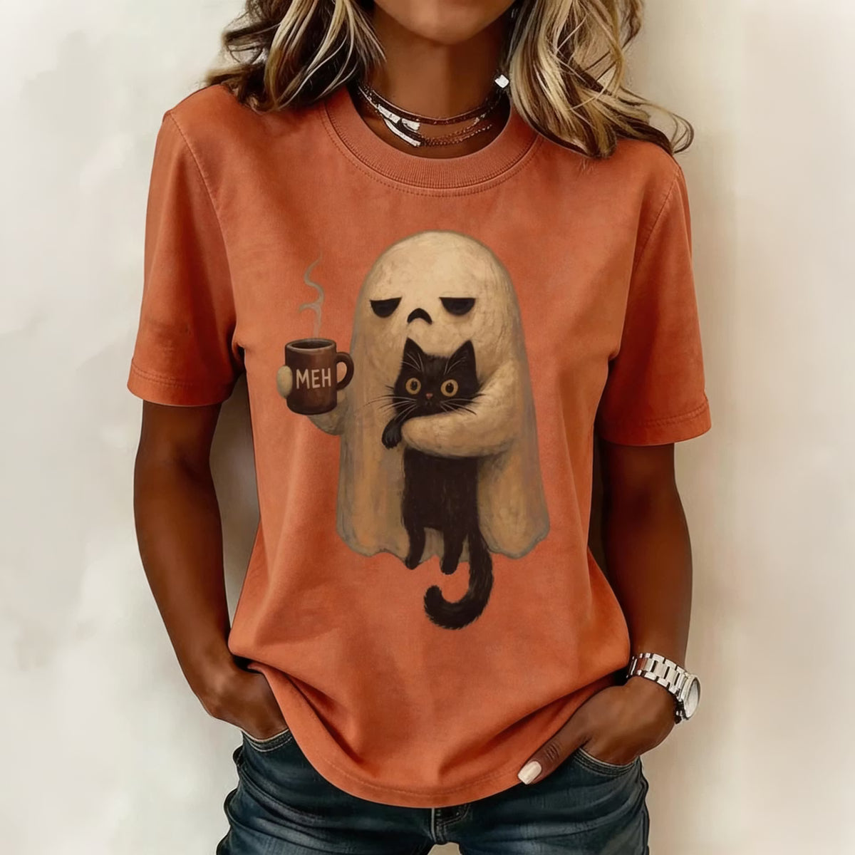 Women's Retro Halloween Ghost And Cat Pattern Crew Neck T-shirt