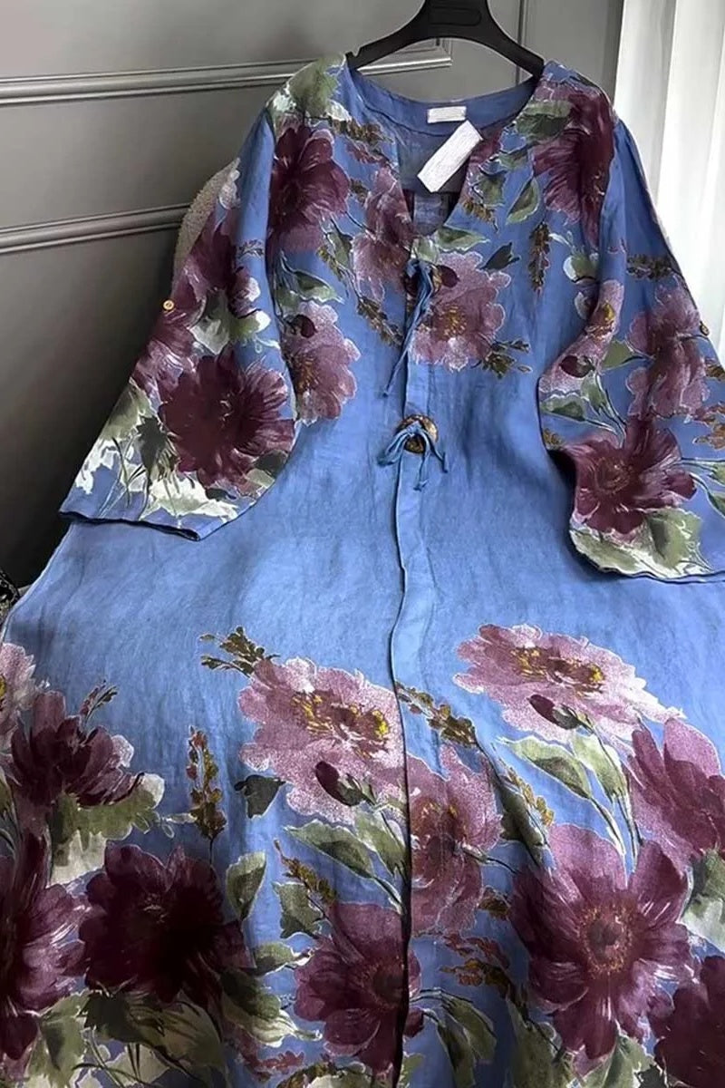 V-neck Long-sleeved Button-decorated Printed Casual Loose Dress