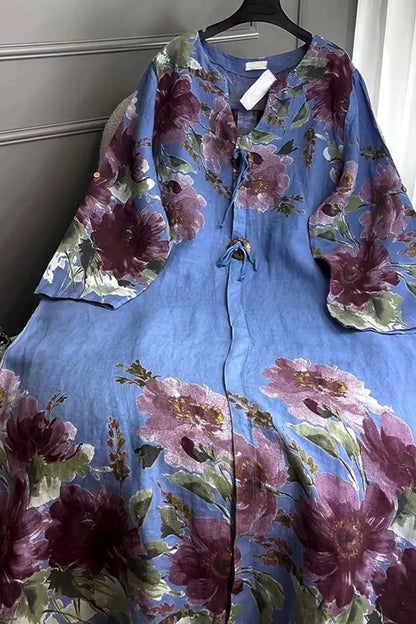 V-neck Long-sleeved Button-decorated Printed Casual Loose Dress