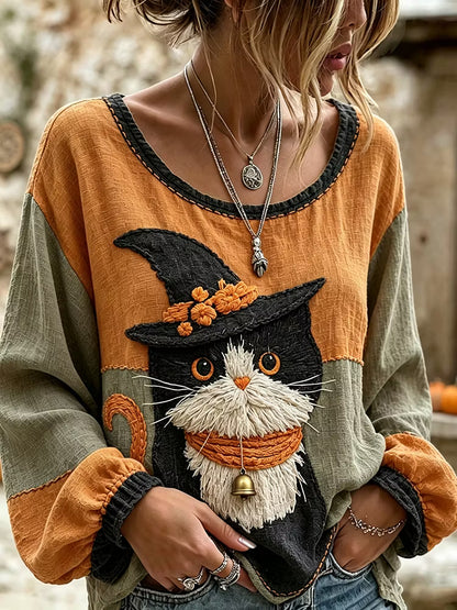Women's Retro Halloween Cute Wizard Cat Art Embroidered Linen Blend Round Neck Long Sleeve Tops