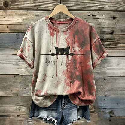 Abstract Creative Bloody Cat Halloween Graphic Casual Tshirt