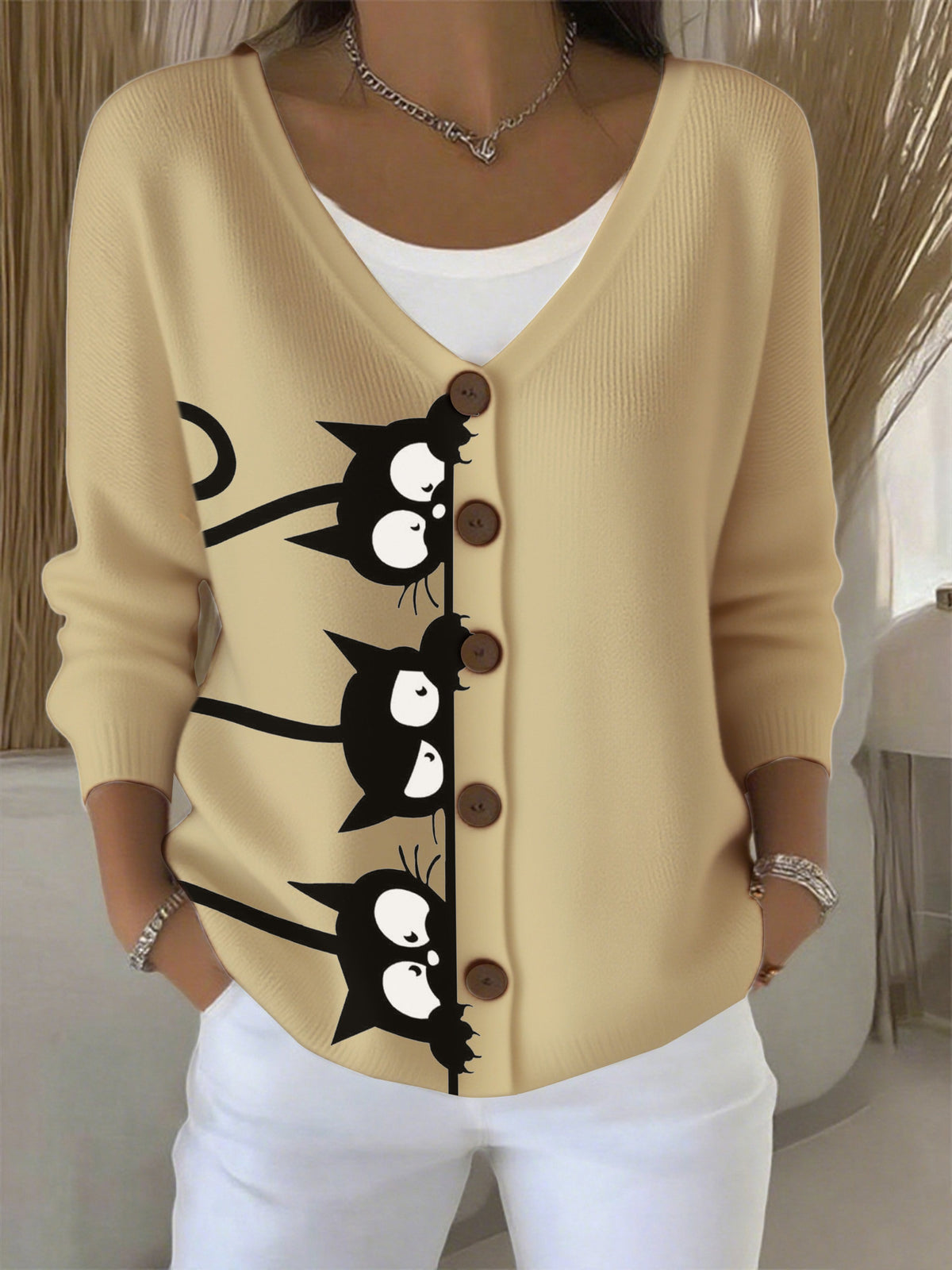 Women's Autumn Sleeping Black Cat Fun Printed Sweater Cardigan