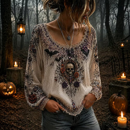 Women's Halloween Gothic Off-white Skull, Bat & Spiderweb Long-sleeve Top