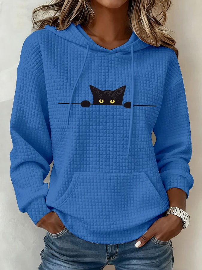 Women's Casual Cat Print Checkered Fabric Hooded Sweatshirt