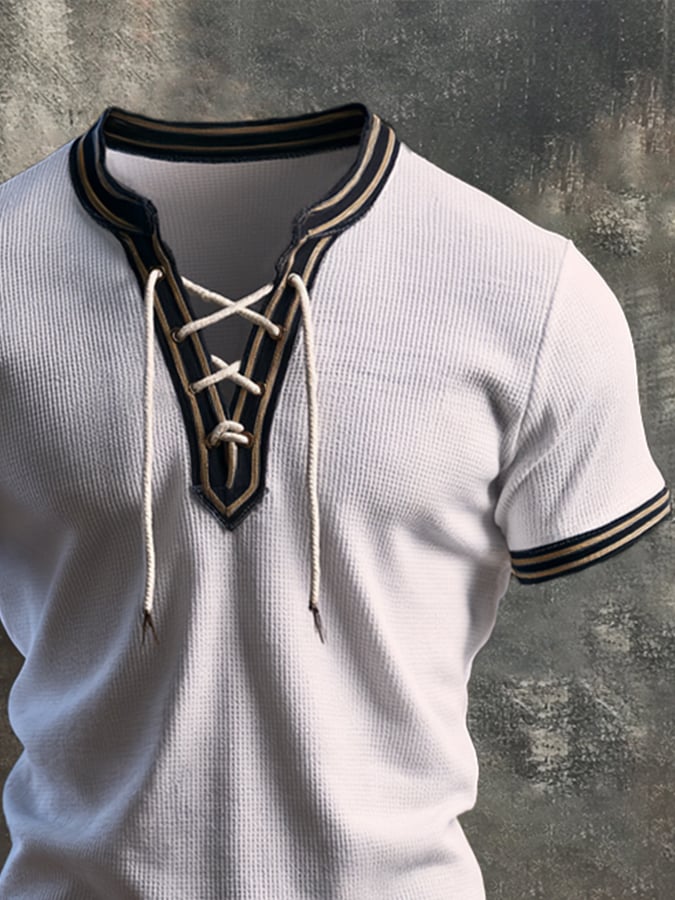 Men's Fashion Color-Block Waffle-Knit Lace-Up Henley Short-Sleeve Top