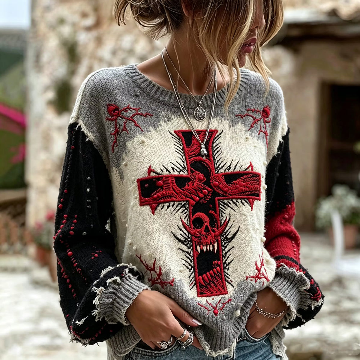 Women's Vintage Worn Frayed Edge Gothic Red Cross Demon Skull Embroidery Long Sleeve Pullover