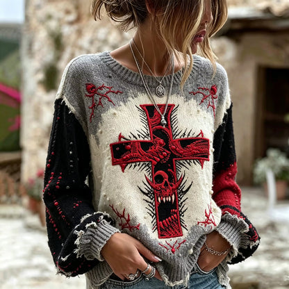 Women's Vintage Worn Frayed Edge Gothic Red Cross Demon Skull Embroidery Long Sleeve Pullover