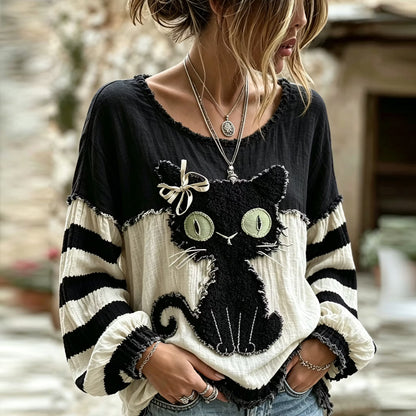 Women's Retro Black Cat Art Crew Neck Comfortable Long Sleeve T-shirt