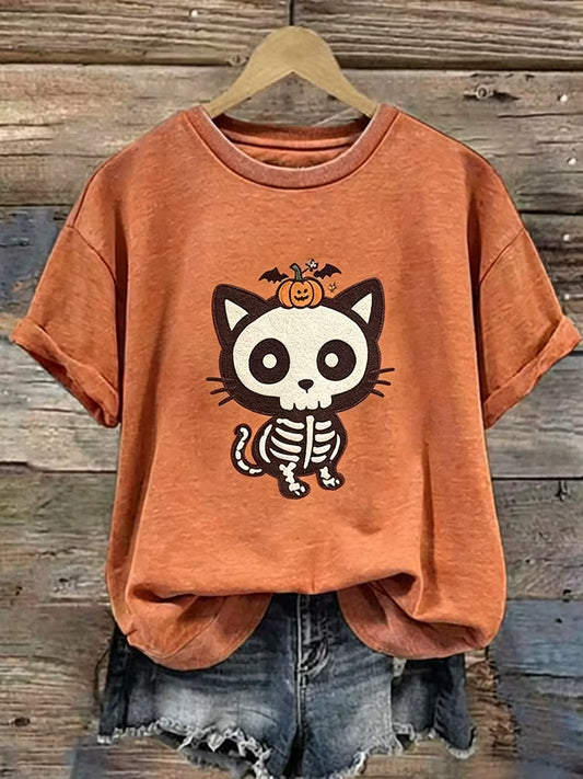 Women's Halloween Cute Skull Cat Pattern Art Print Casual T-shirt