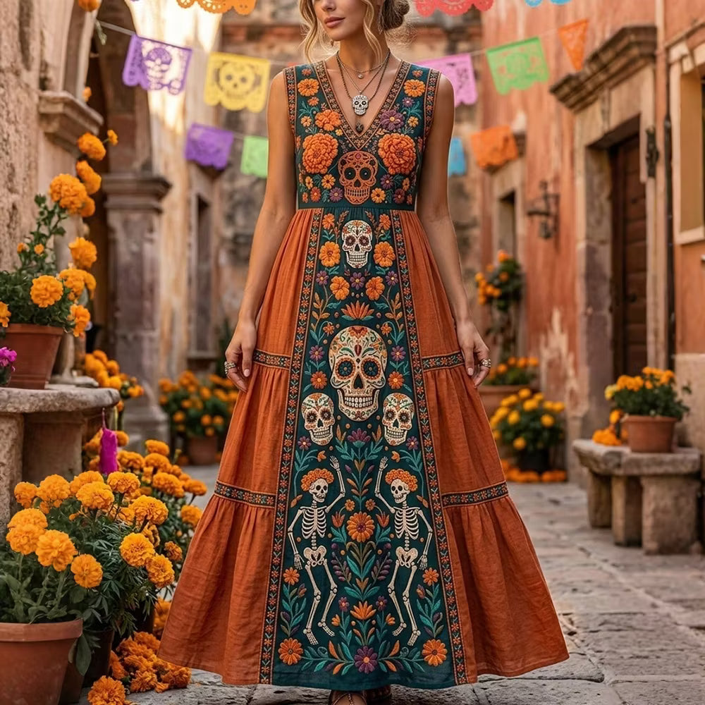 Women's Retro Color Block Mexican Floral Skull Festive Cotton Linen V-neck Sleeveless Dress